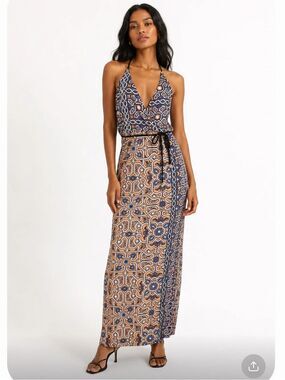 TIGERLILY V-Neck Printed Maxi Dress in Blue and Tan Size 2
